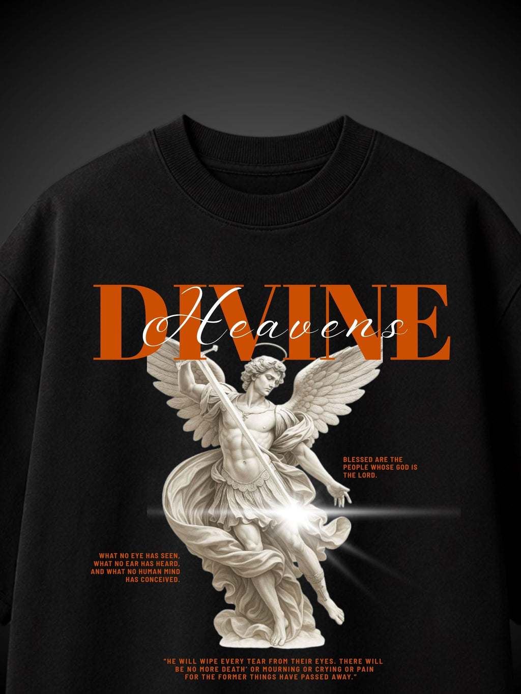A black crewneck tshirt featuring a graphic print of a white classical winged statue with a bright light flare, under the word 'DIVINE' in orange and white script.