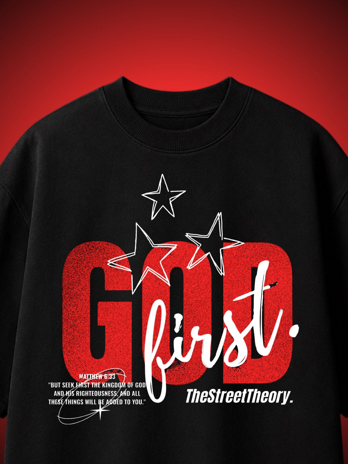 Black tshirt with 'God first' text and stars on a red background