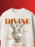 White Tshirt with angel design and 'Divine Heavens' text on a red background
