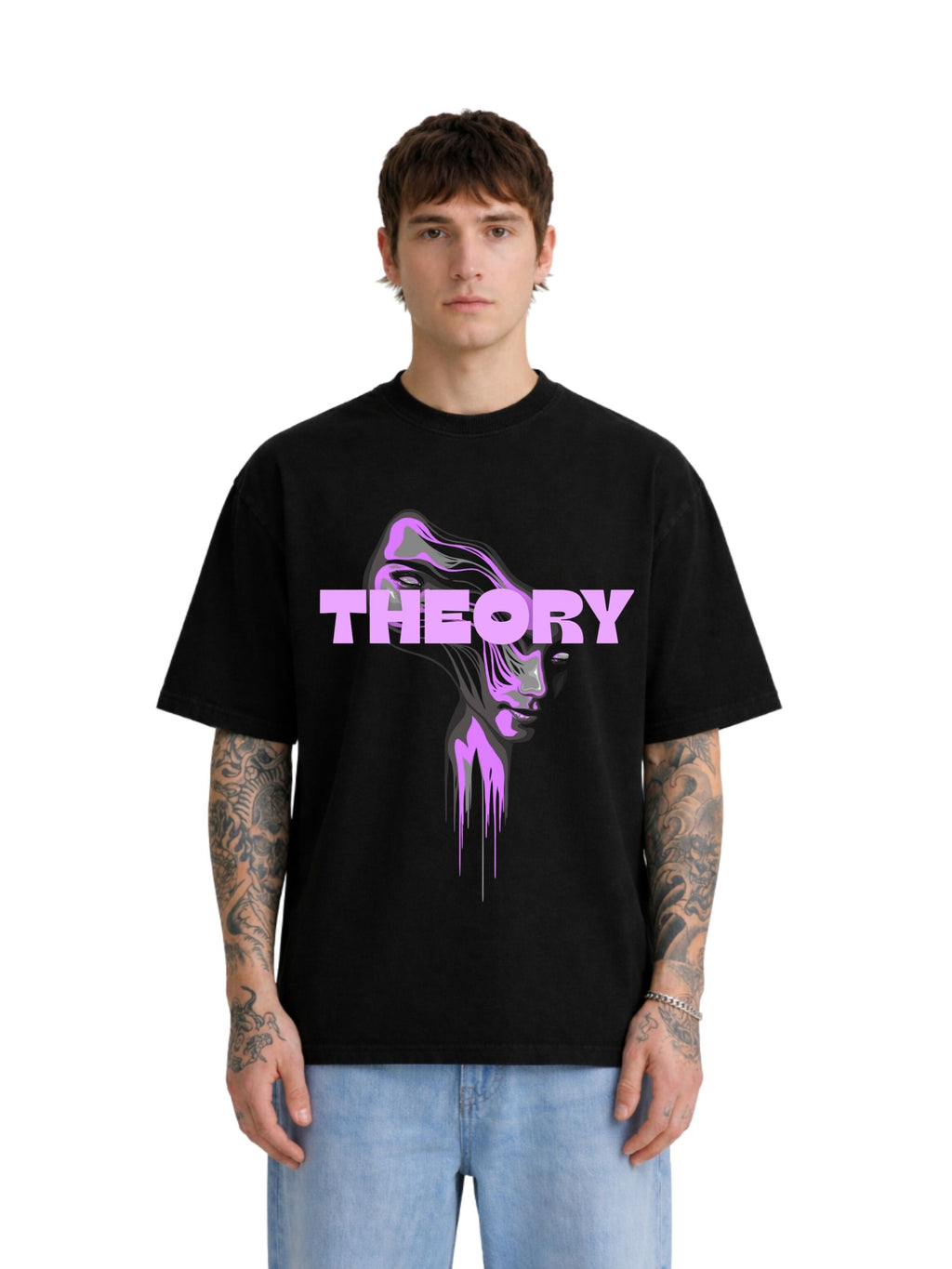 Model wearing black Theory oversized boxy fit Tshirt 