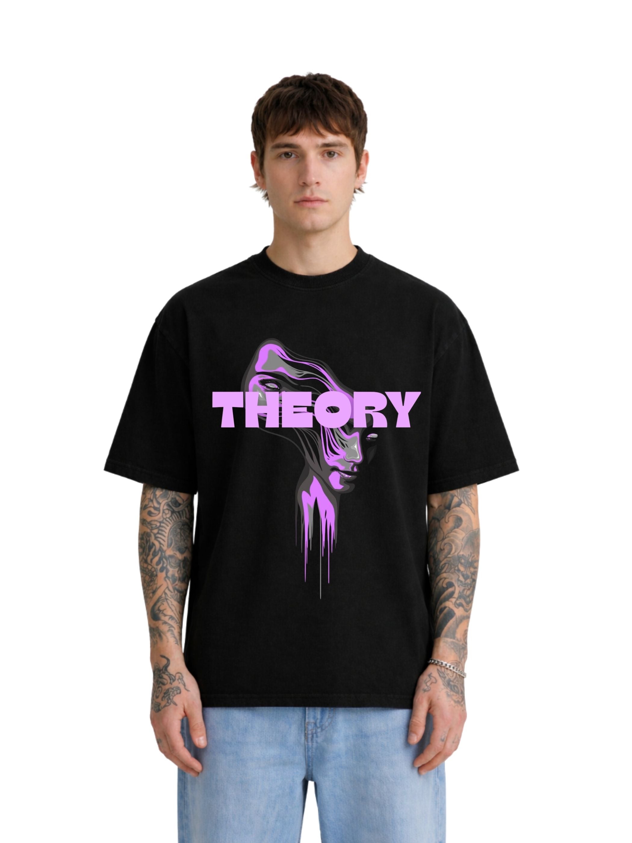 Model wearing black Theory oversized boxy fit Tshirt 