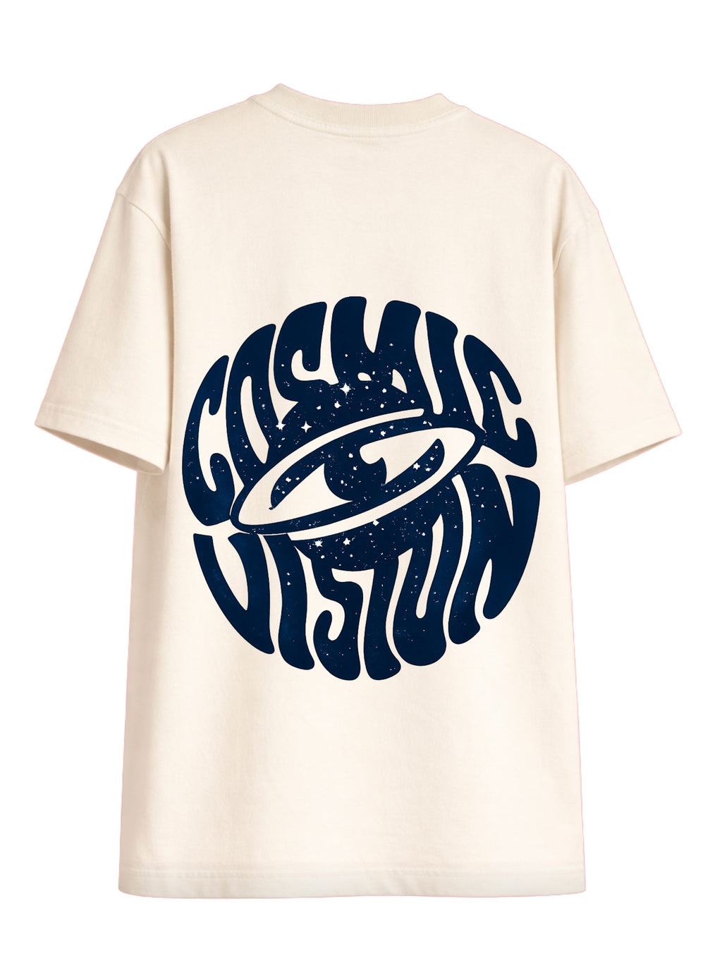 The Cosmic Vision cream boxy fit T-shirt back with large navy cosmic graphic