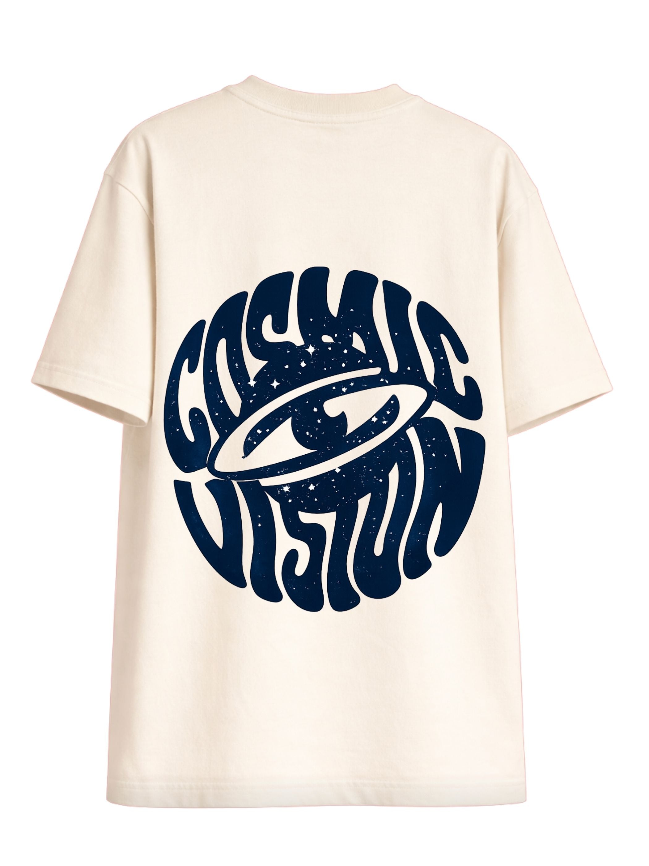 The Cosmic Vision cream boxy fit T-shirt back with large navy cosmic graphic