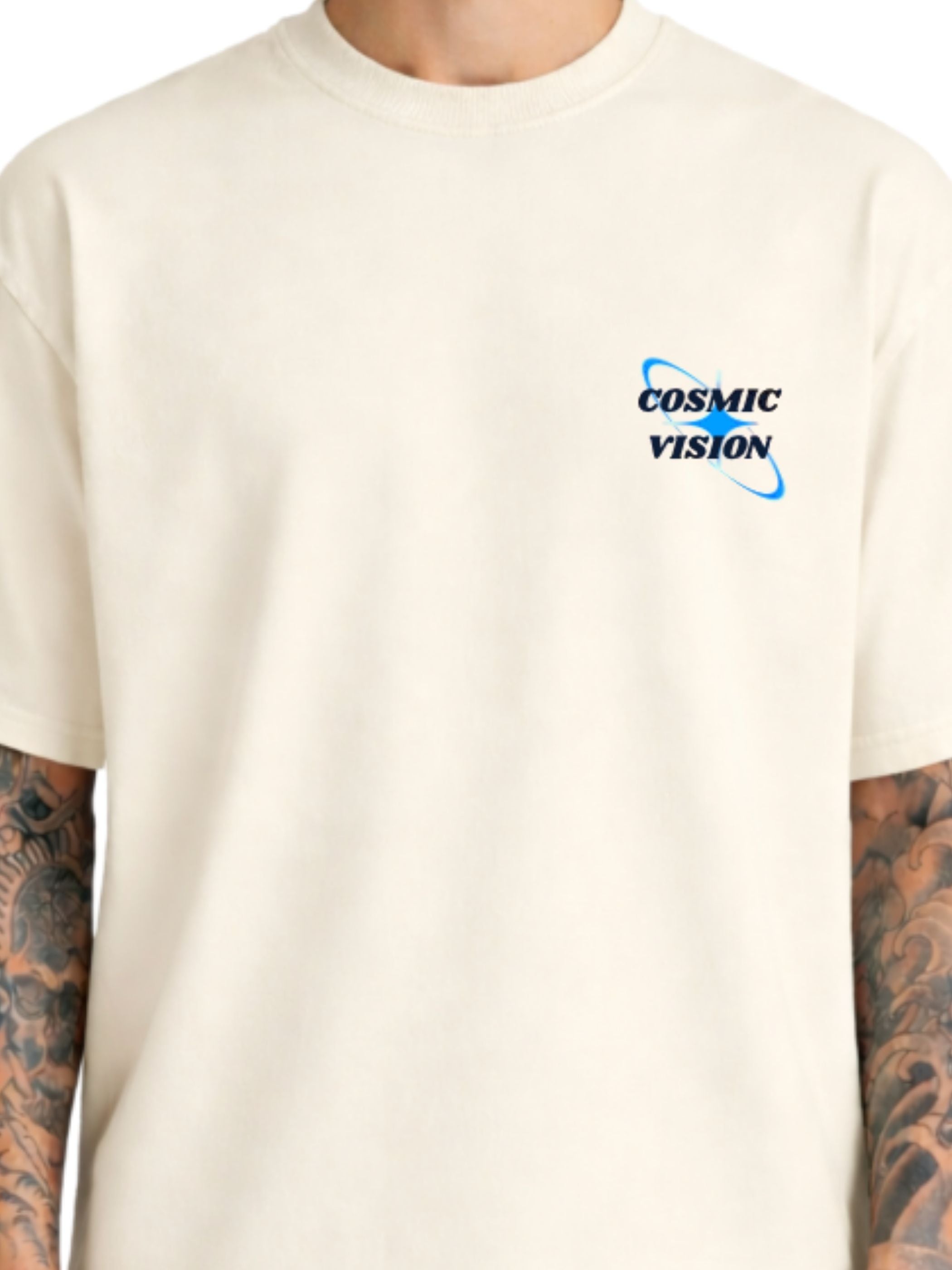 Close-up of The Cosmic Vision cream boxy fit T-shirt with navy front graphic