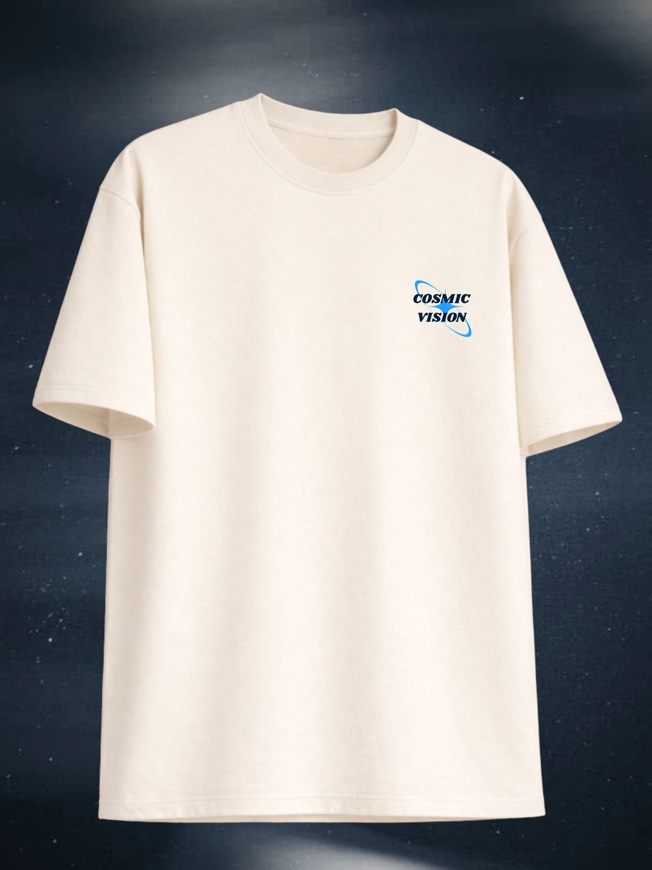 The Cosmic Vision cream boxy fit T-shirt front with small navy graphic