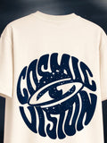 The Cosmic Vision cream boxy fit T-shirt with navy cosmic graphic on back