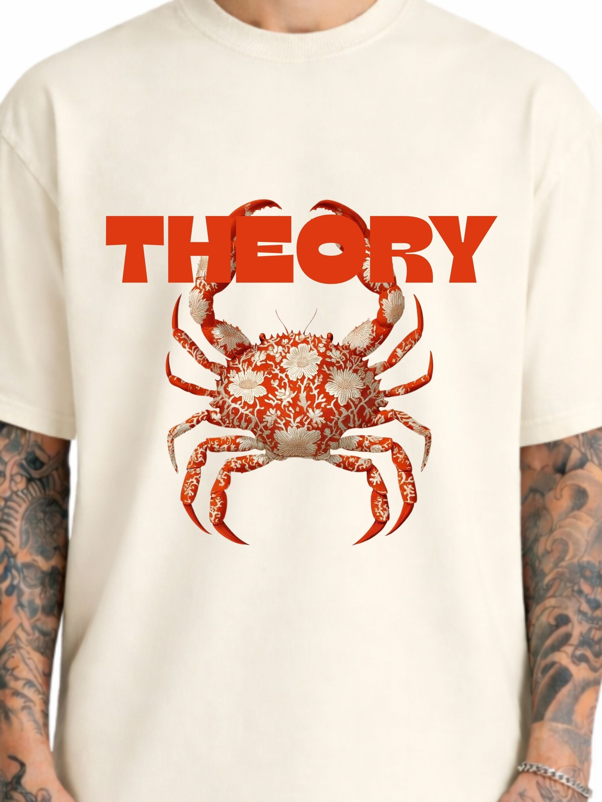 Close-up of The Crab Mentality off white boxy fit T-shirt front with red crab graphic