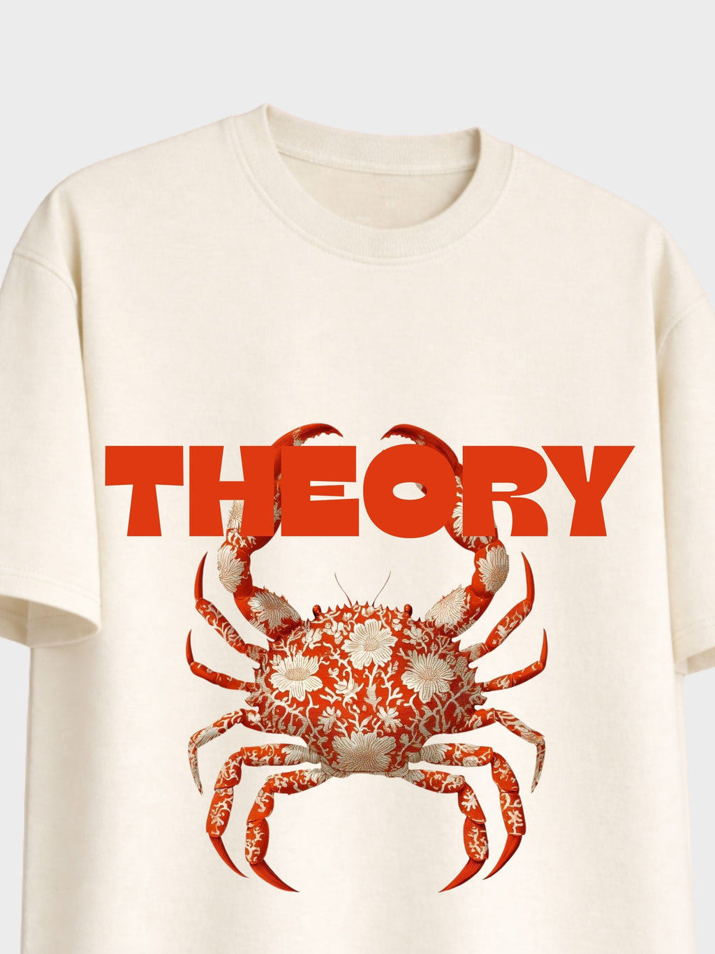 The Crab Mentality off white  boxy fit T-shirt with red crab graphic and Theory text
