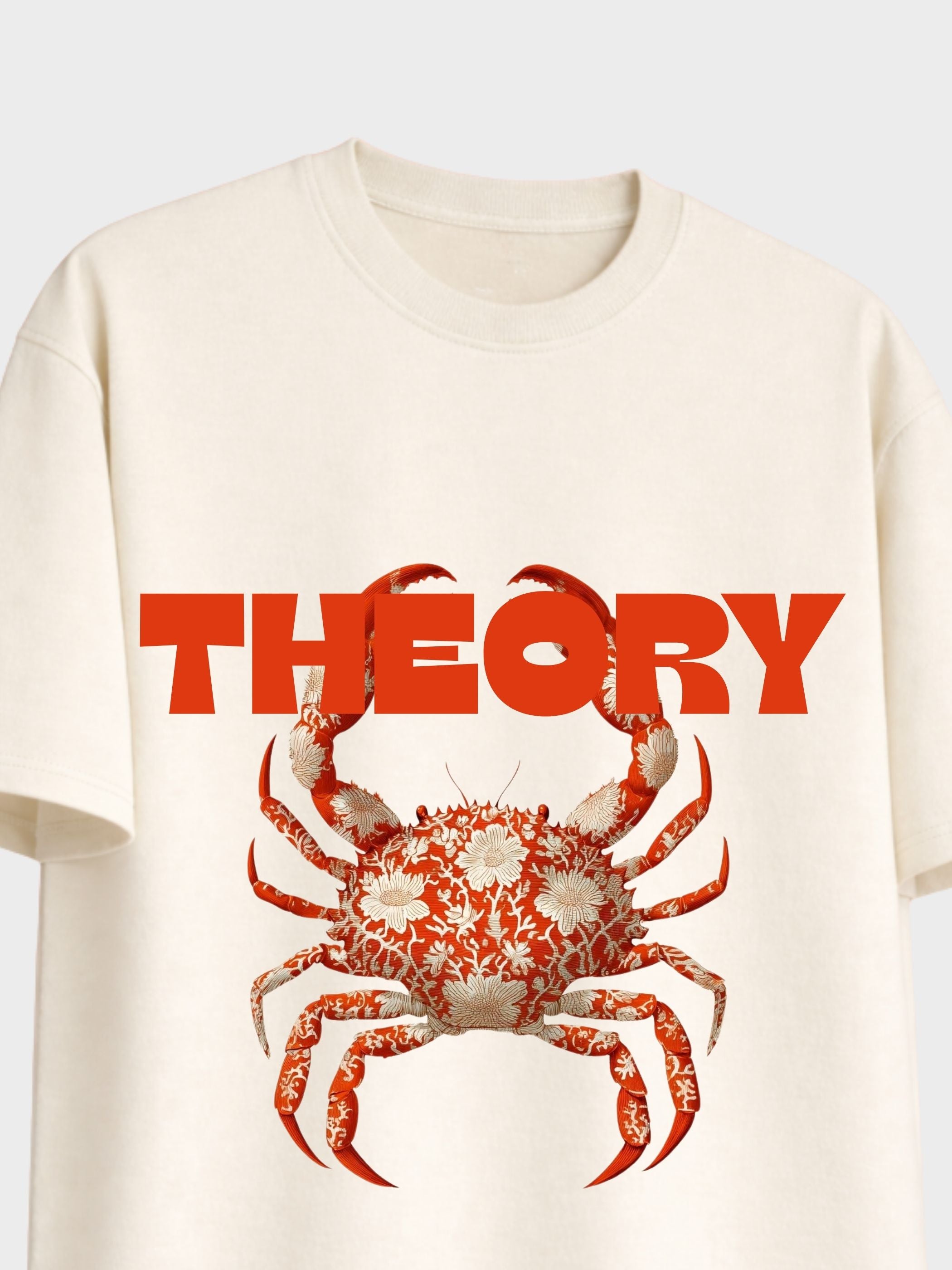 The Crab Mentality off white  boxy fit T-shirt with red crab graphic and Theory text