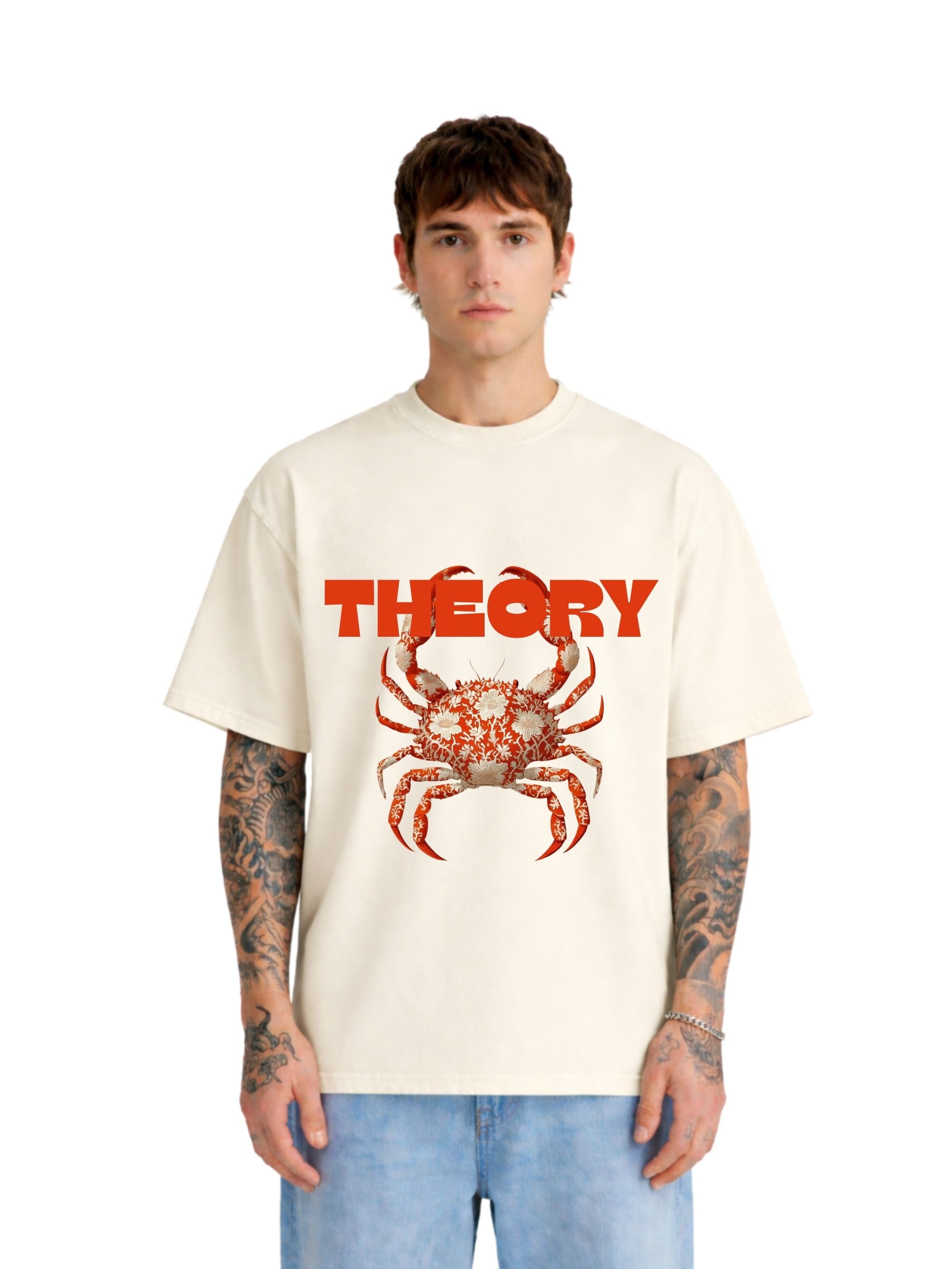 Model wearing The Crab Mentality off white boxy fit T-shirt with red crab graphic