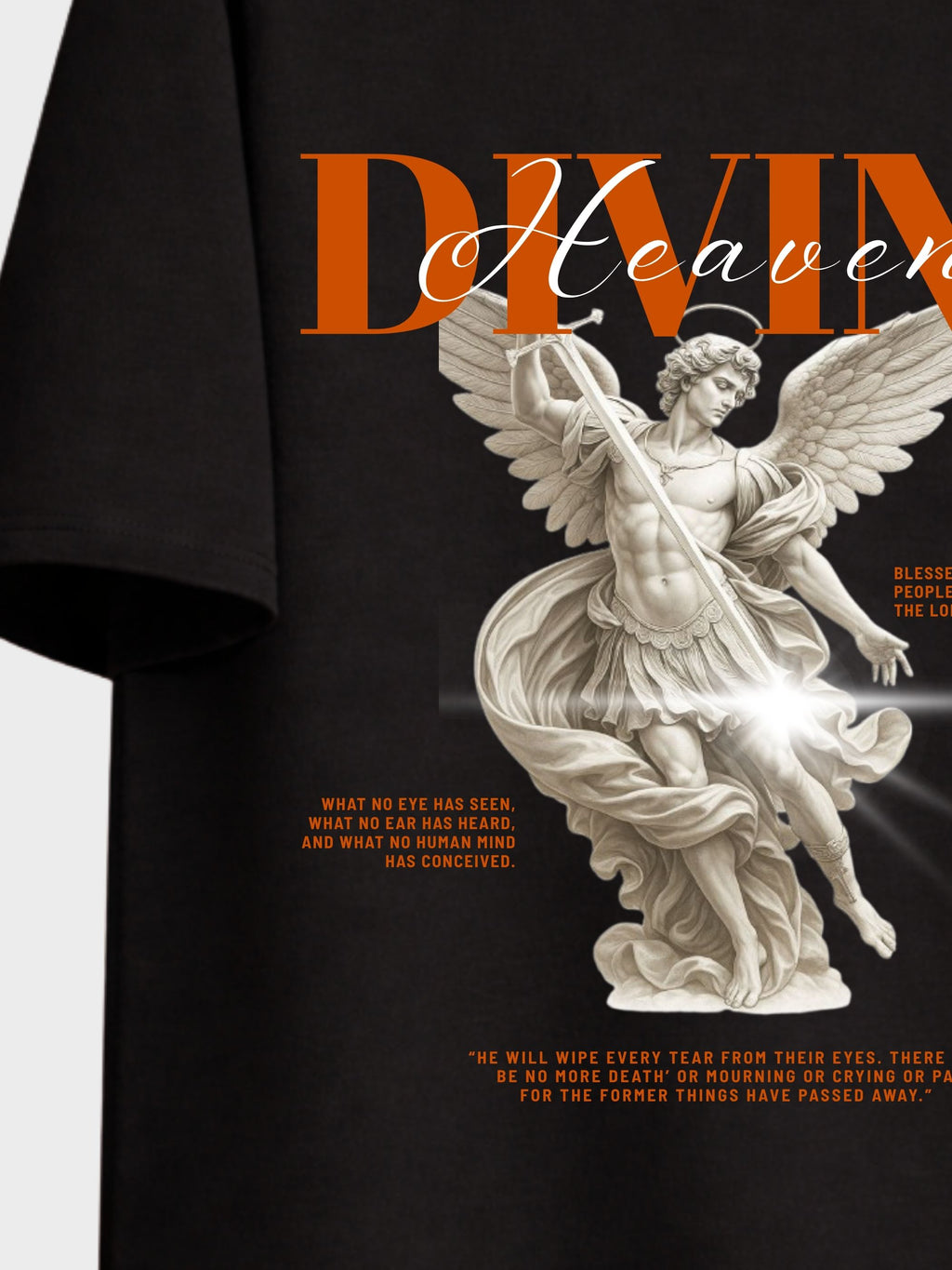 Black t-shirt with angel graphic and text on a white background