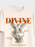 An off-white short-sleeve t-shirt featuring a graphic print of a classical winged angel statue with the word 'Heavens' in orange and black script, accompanied by inspirational quotes.