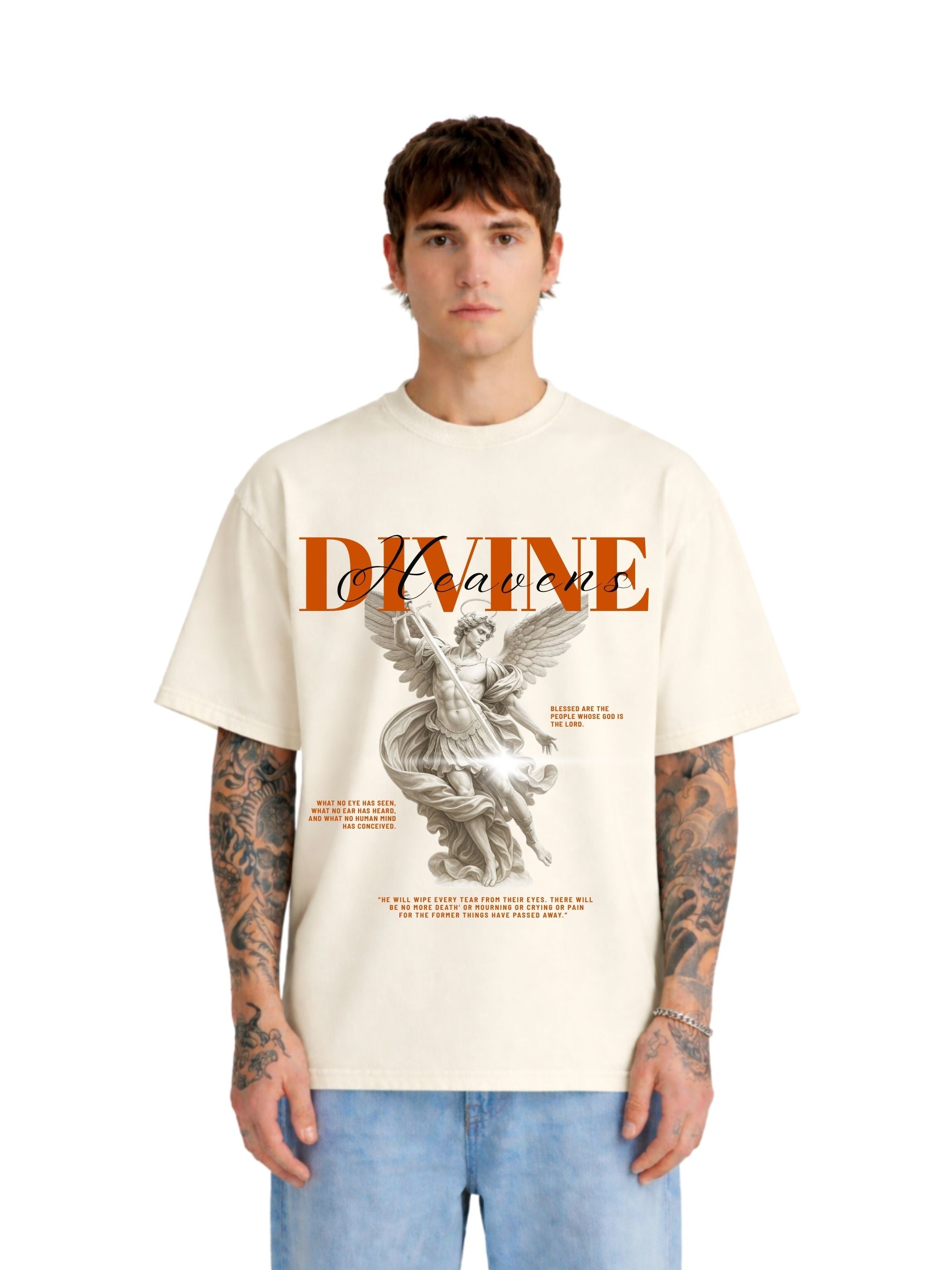 Model wearing Divine Heaven off-white boxy fit T-shirt with angel graphic on front