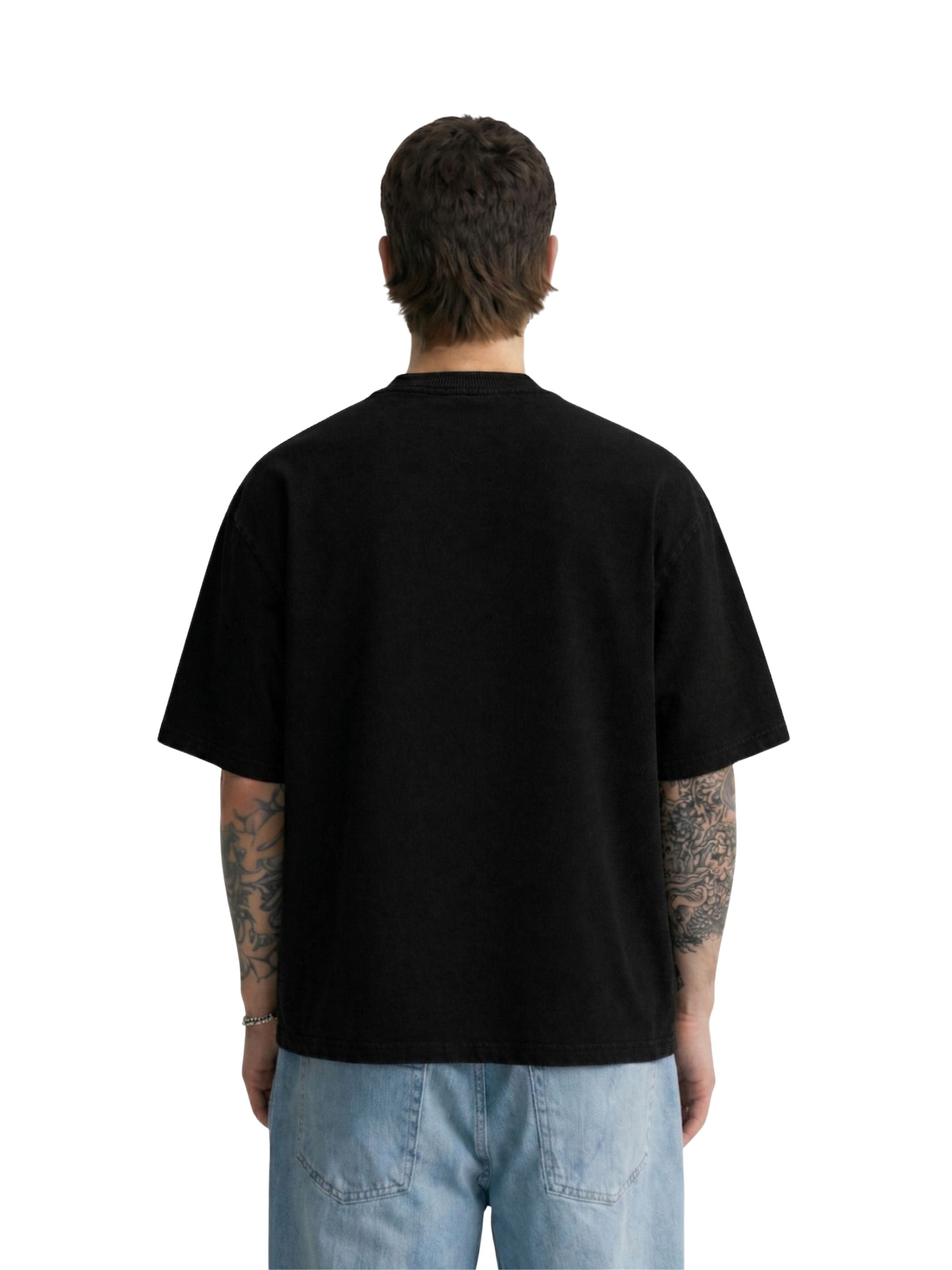 Model wearing God First black boxy fit T-shirt with plain back