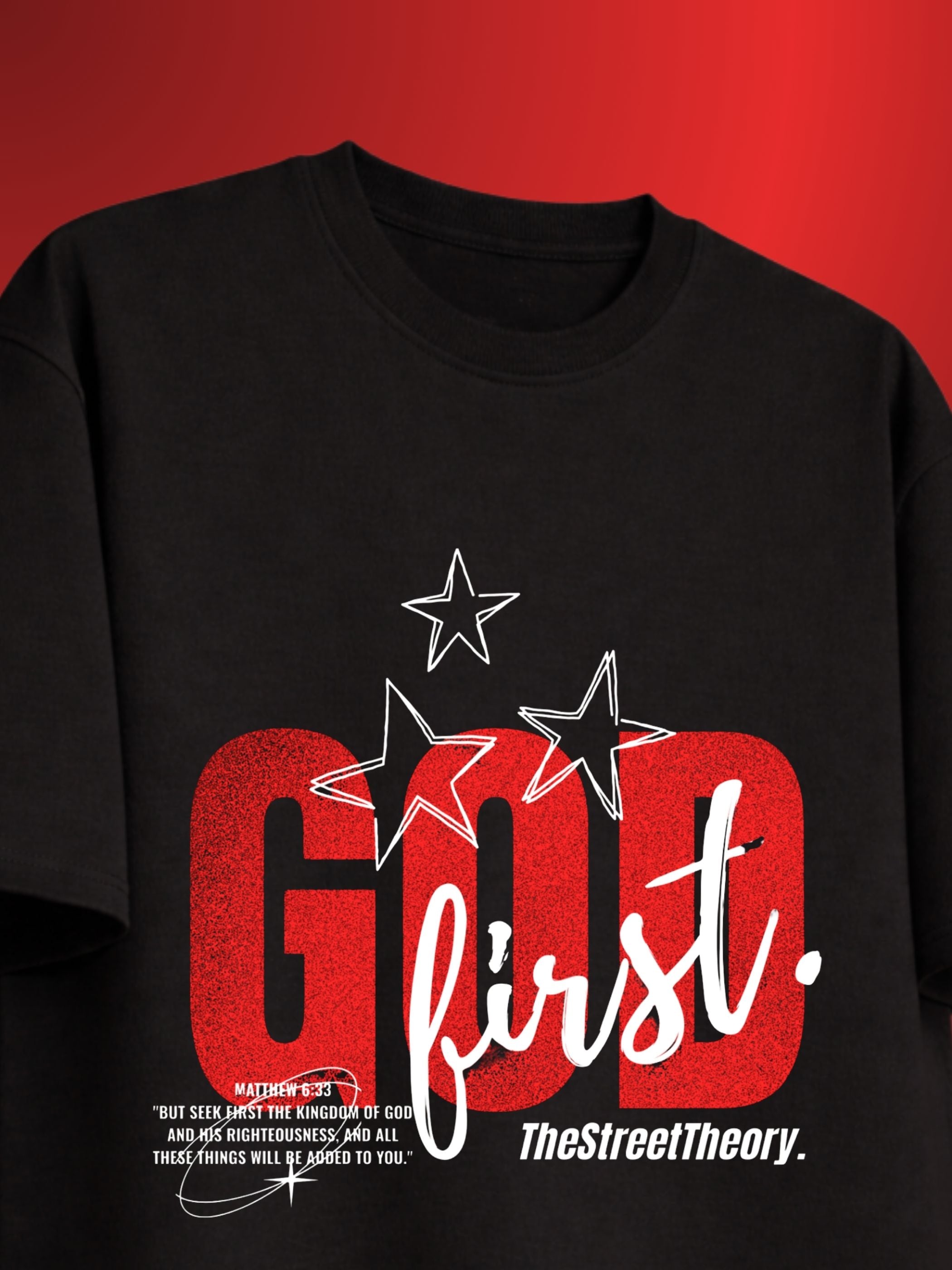 God First black boxy fit T-shirt with red graphic, stars and white typography