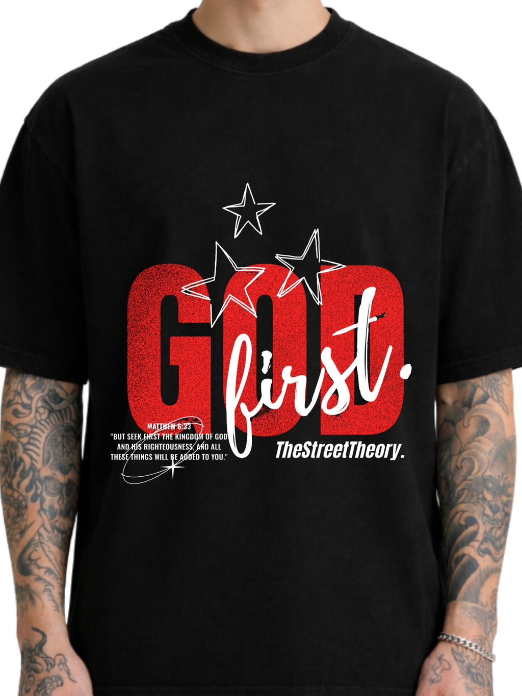 God First black boxy fit T-shirt with red and white front graphic
