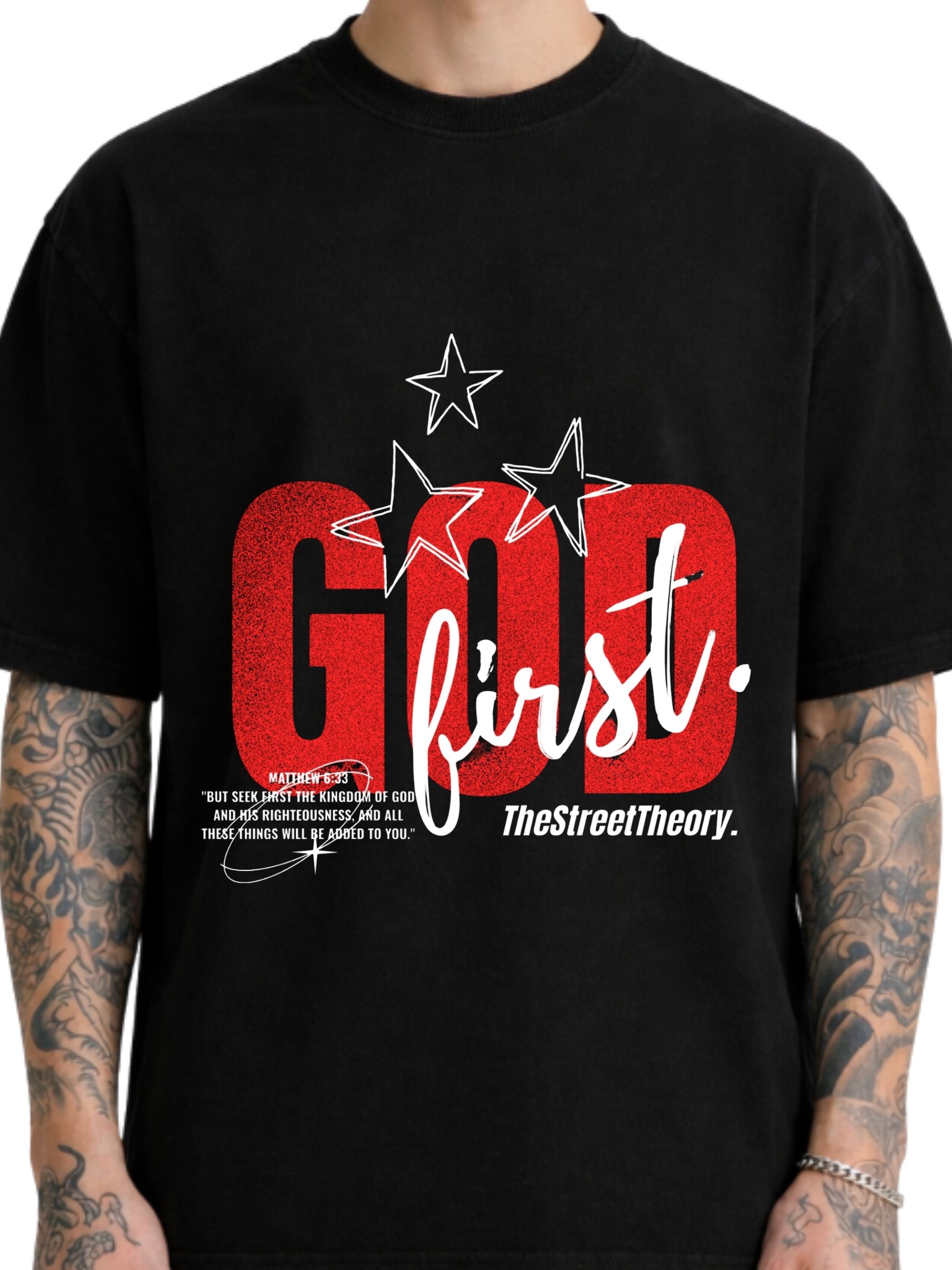 God First black boxy fit T-shirt with red and white front graphic