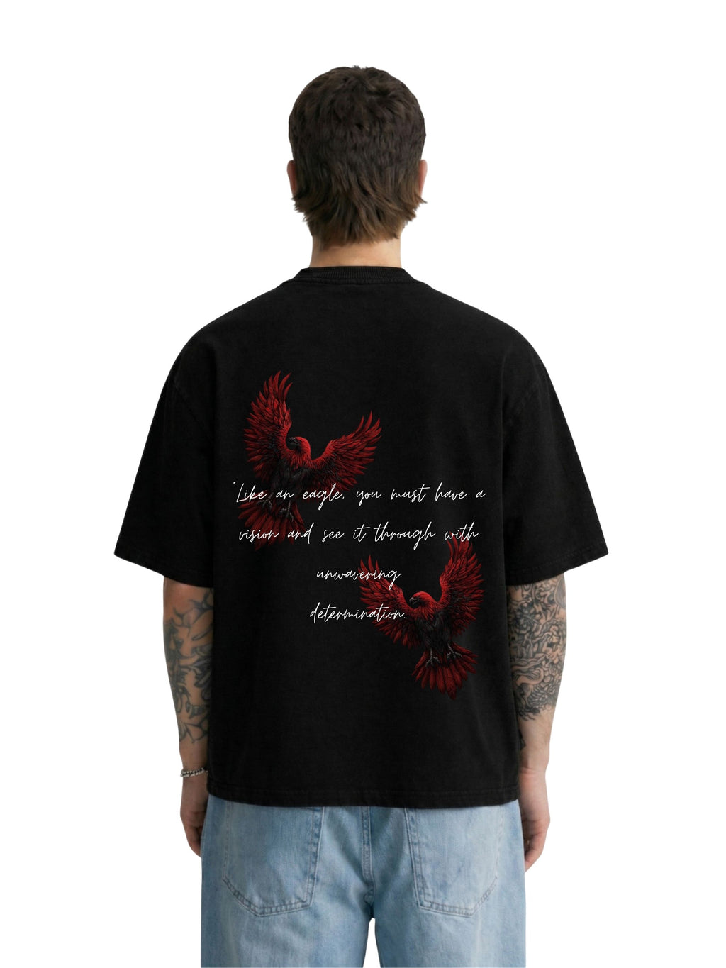Model wearing the No Ceiling black boxy fit T-shirt with red eagle back graphic