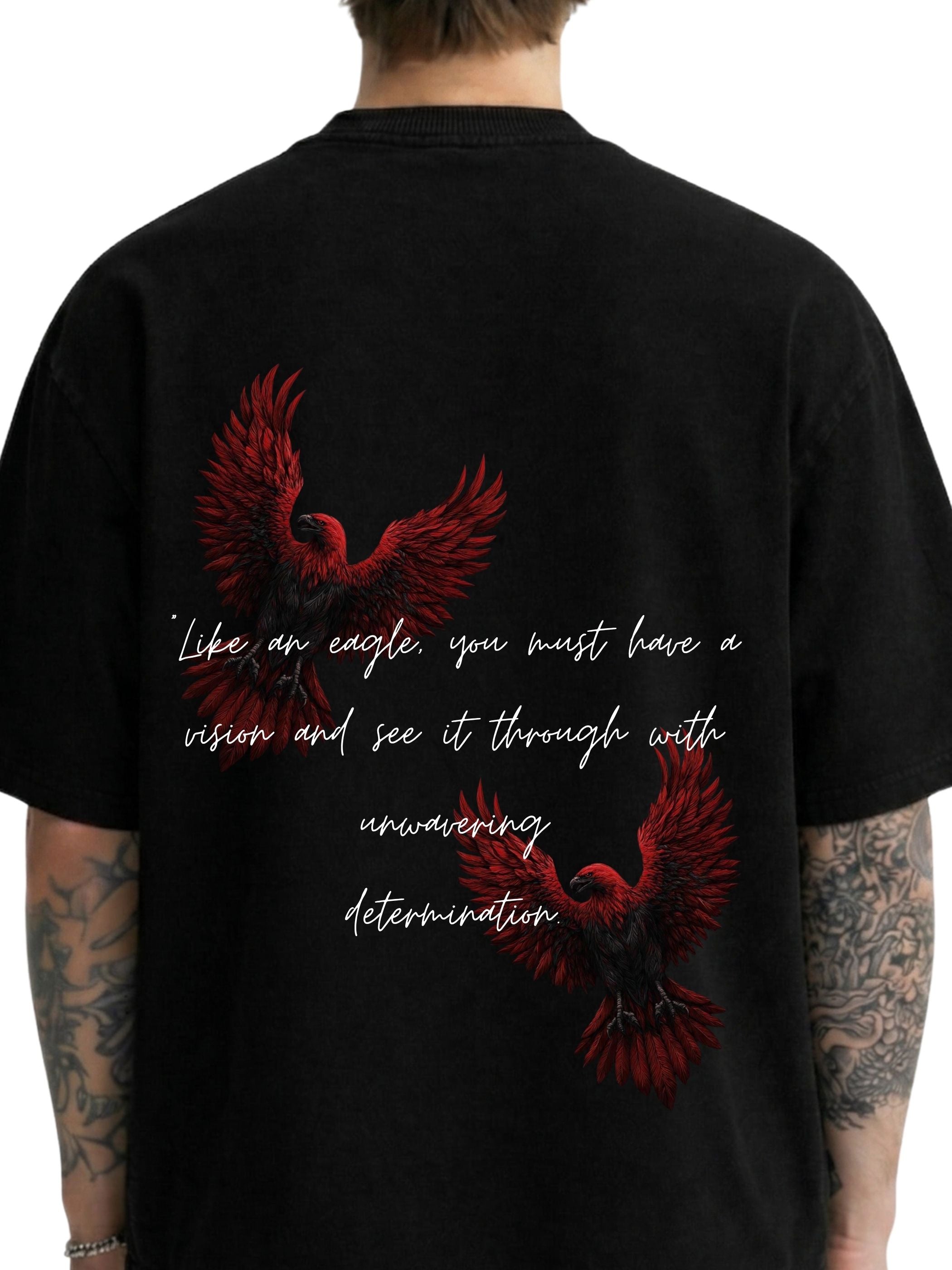 Close-up of No Ceiling black boxy fit T-shirt back with red eagle graphic and quote