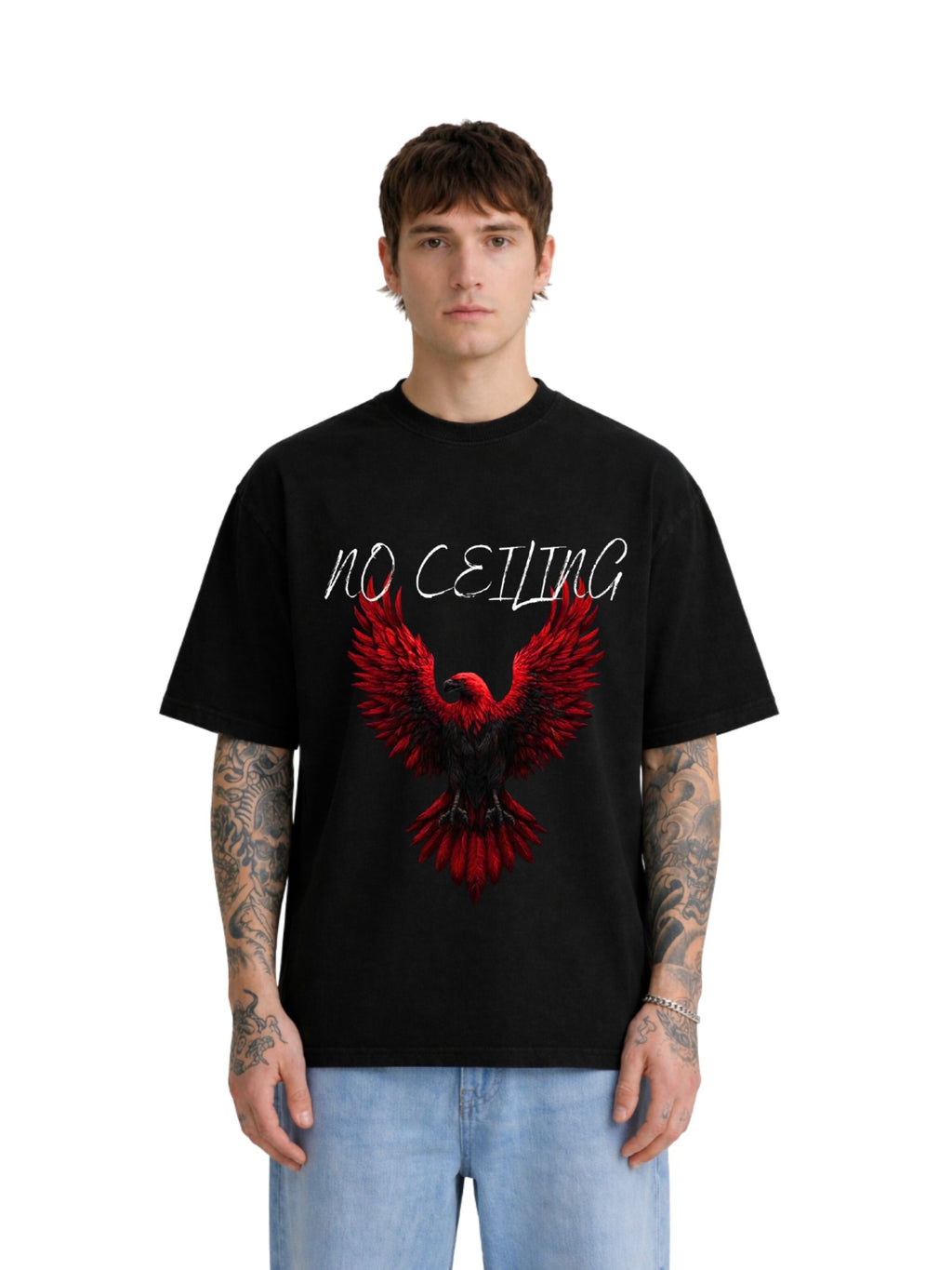 Model wearing the No Ceiling black boxy fit T-shirt with red front graphic