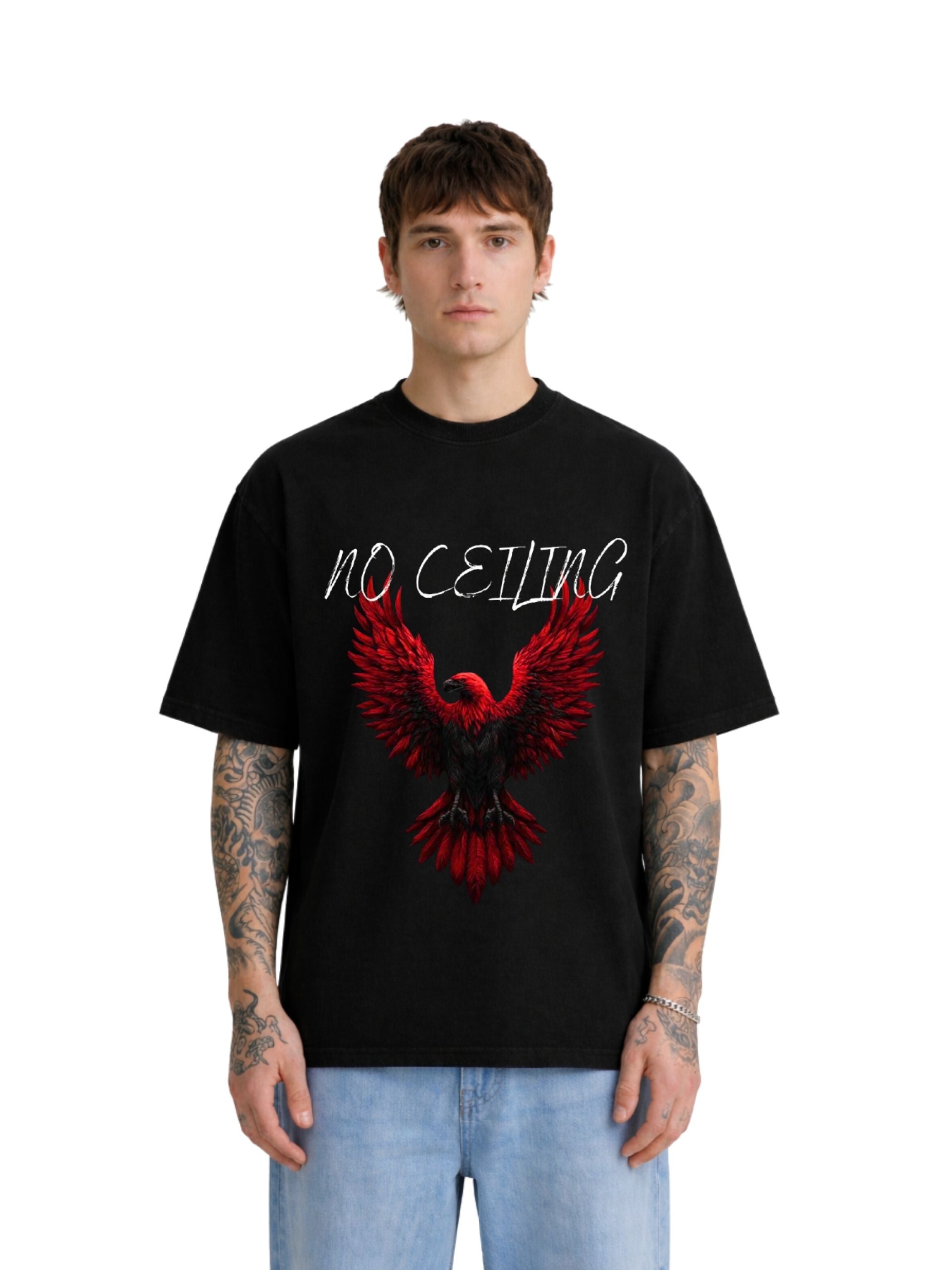 Model wearing the No Ceiling black boxy fit T-shirt with red front graphic