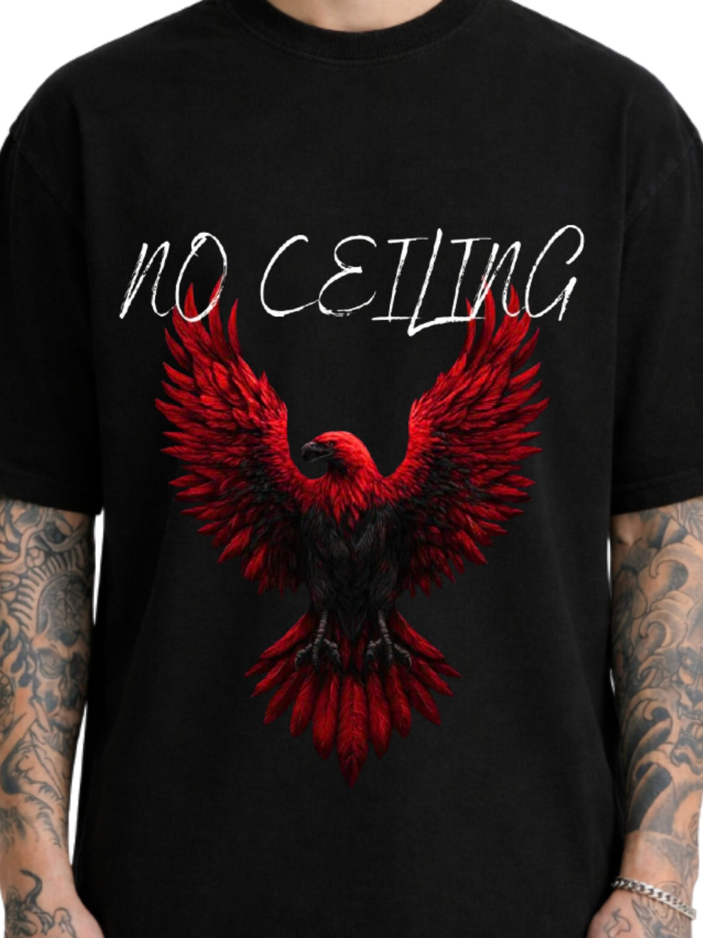 No Ceiling black boxy fit T-shirt front with red graphic design