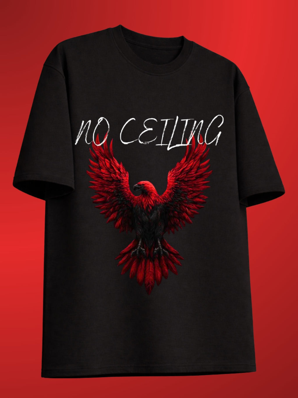 A black short-sleeve t-shirt with a graphic print of a red raven with outstretched wings and the text 'NO CEILING' in white across the chest, set against a solid red background.