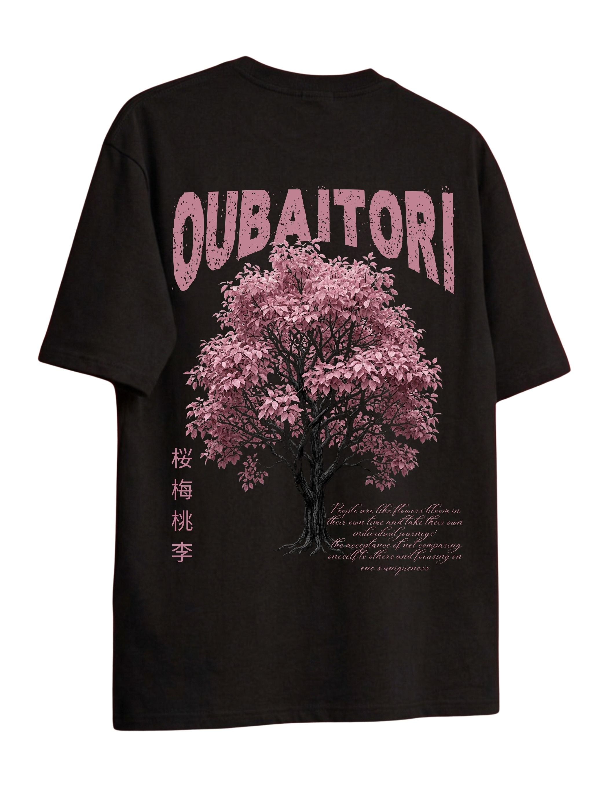 A black short-sleeve t-shirt with a large graphic print on the back featuring a pink cherry blossom tree, the word 'OUBAITORI' in distressed pink letters, and vertical Japanese characters.