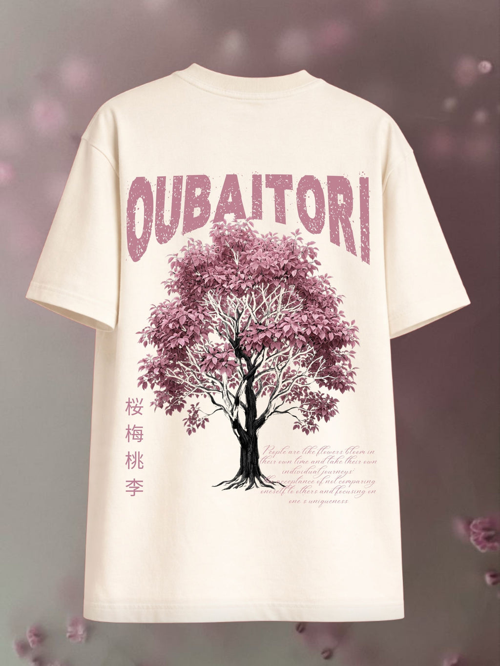 Oubaitori off-white boxy fit T-shirt front with pink Oubaitori graphic
