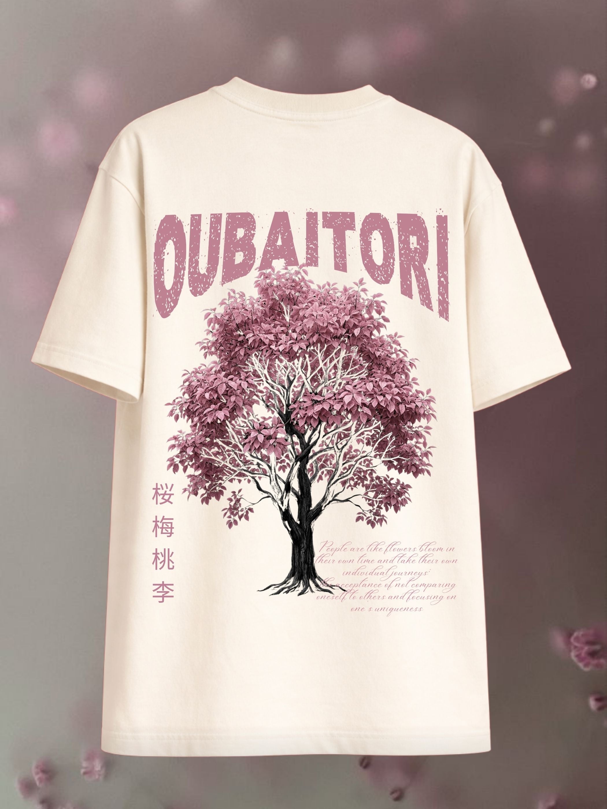 Oubaitori off-white boxy fit T-shirt front with pink Oubaitori graphic