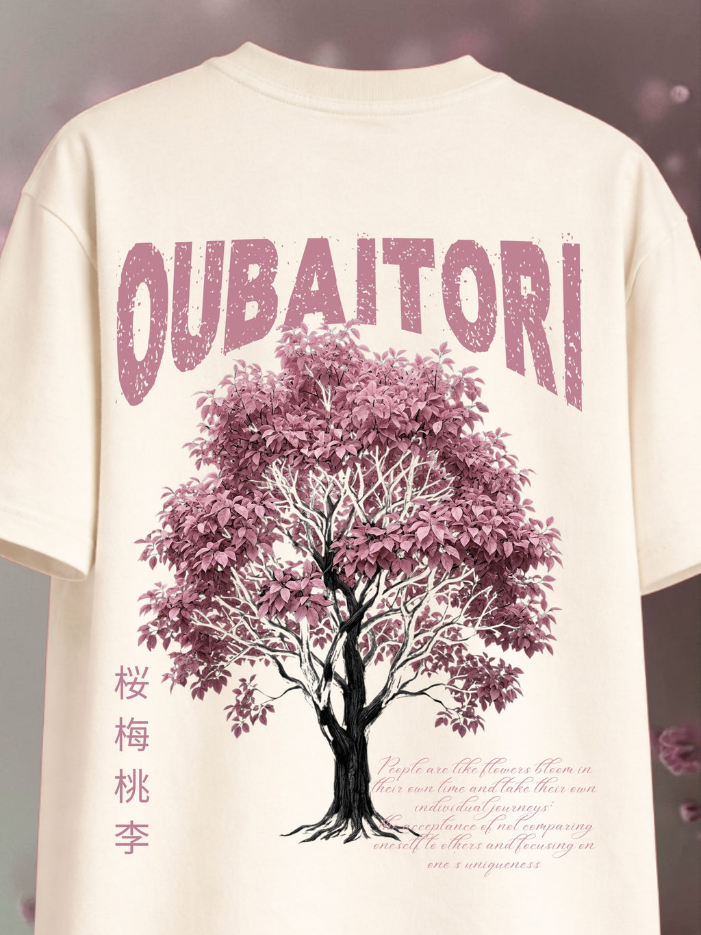 Oubaitori  off-white boxy fit T-shirt with pink tree graphic and Oubaitori typography