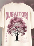 Oubaitori  off-white boxy fit T-shirt with pink tree graphic and Oubaitori typography