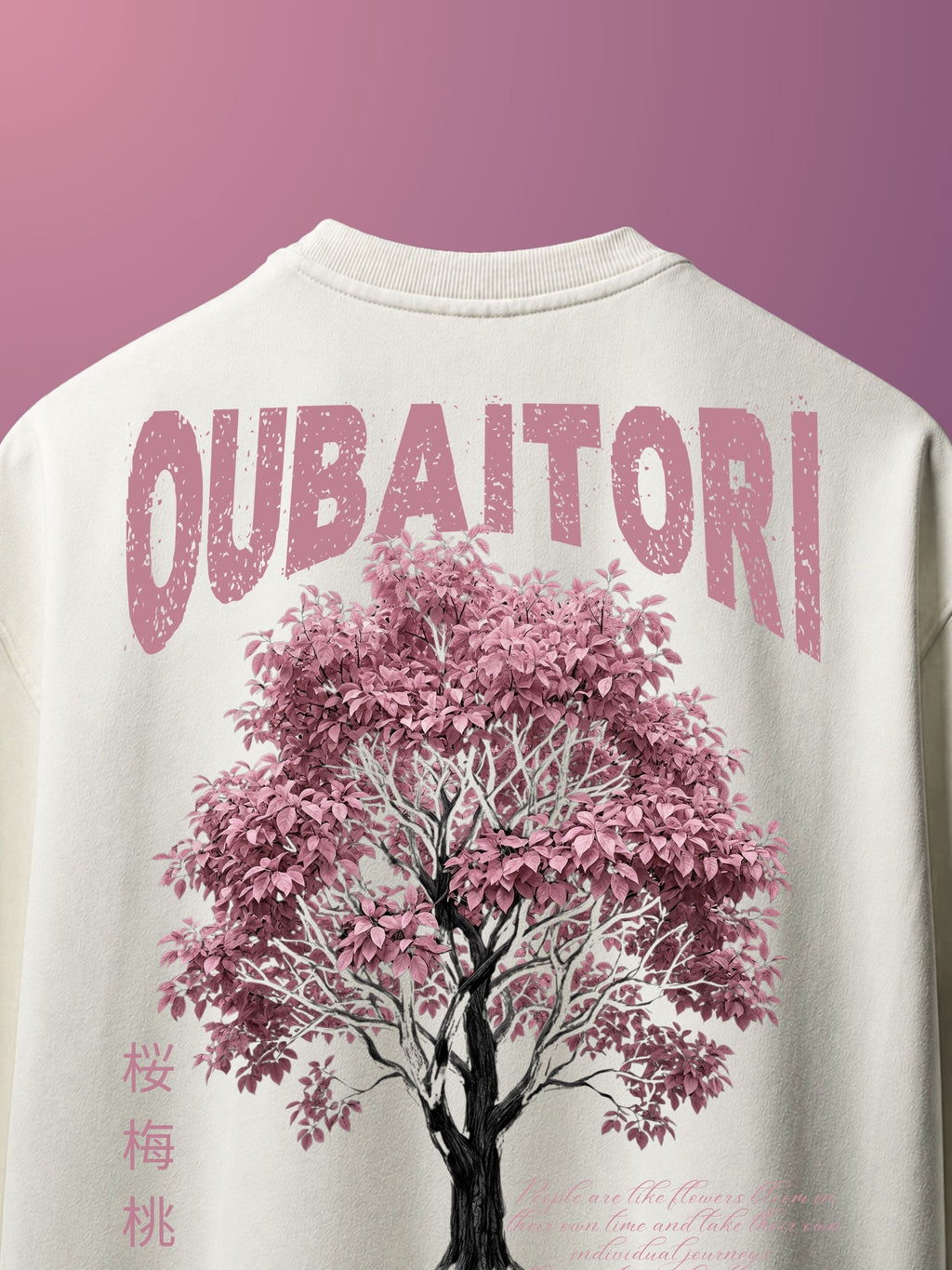 White tshirt with pink 'OUBAITORI' text and cherry blossom tree design on a purple background